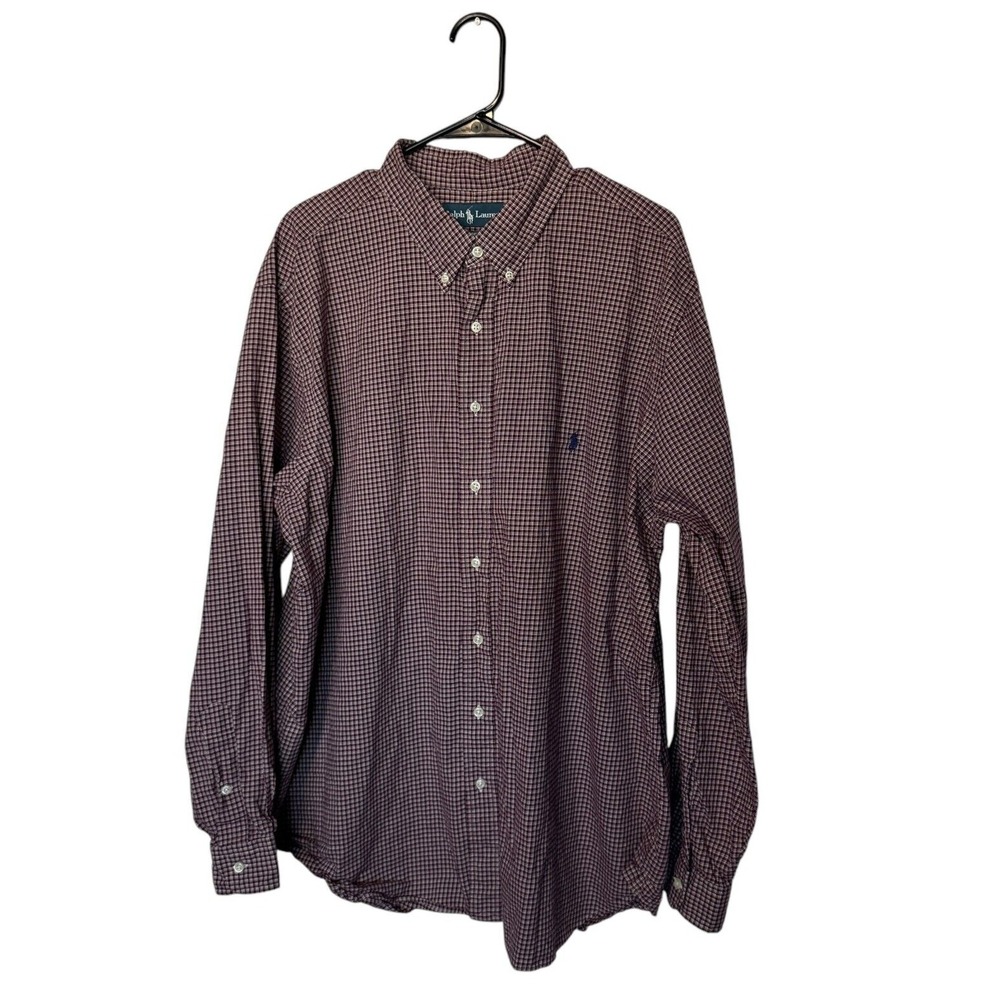 Ralph Lauren Button Down Shirt Mens 2XB Burgundy Check Classic Fit Long Sleeve